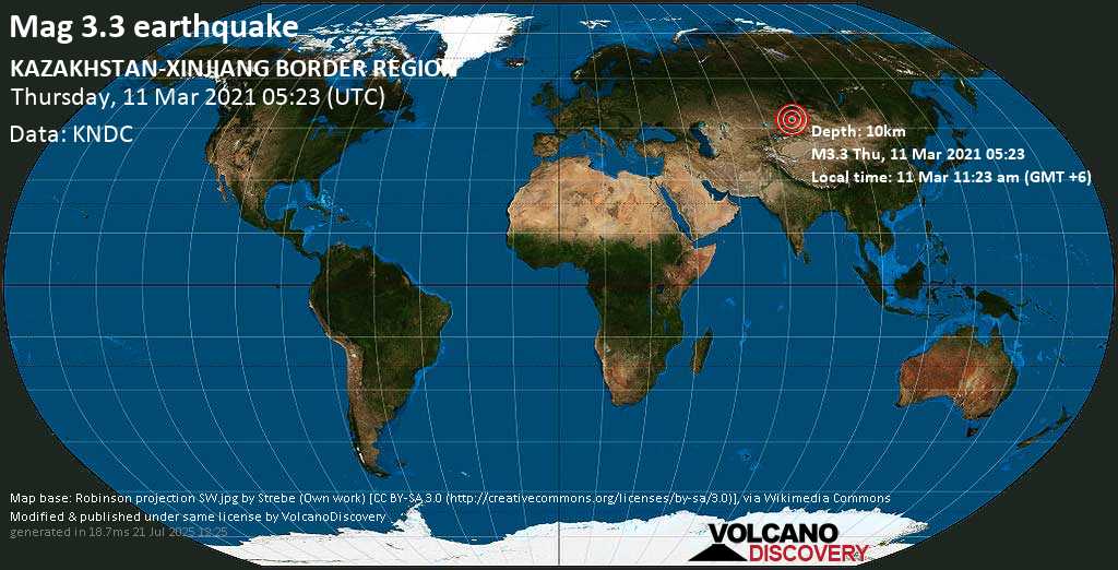 Light mag. 3.3 earthquake - 25 km southeast of Zaysan, East Kazakhstan, on Thursday, 11 Mar 2021 11:23 am (GMT +6)