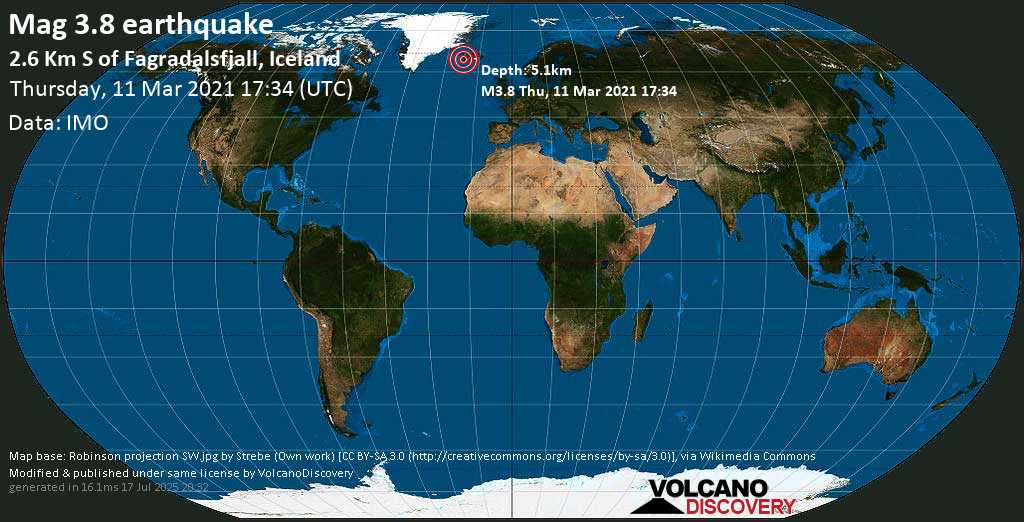 Moderate mag. 3.8 earthquake - 2.6 Km S of Fagradalsfjall, Iceland, on Thursday, 11 Mar 2021 5:34 pm (GMT +0)