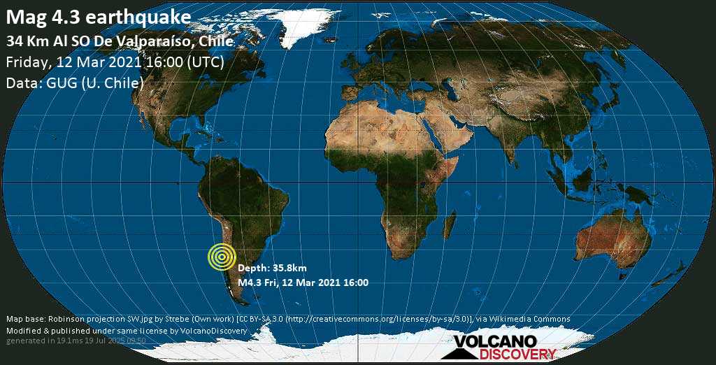 Terremoto leve mag. 4.3 - South Pacific Ocean, 34 km SW of Valparaiso, Region de Valparaiso, Chile, Friday, 12 Mar. 2021