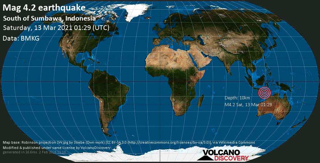 Mac moderat.  4.1 Gempa Bumi - Samudera Hindia, 270 km barat daya Waingapu, Indonesia, timur Nusa Tenkara, Indonesia Sabtu, 13 Maret 2021 09.29 (GMT +8)