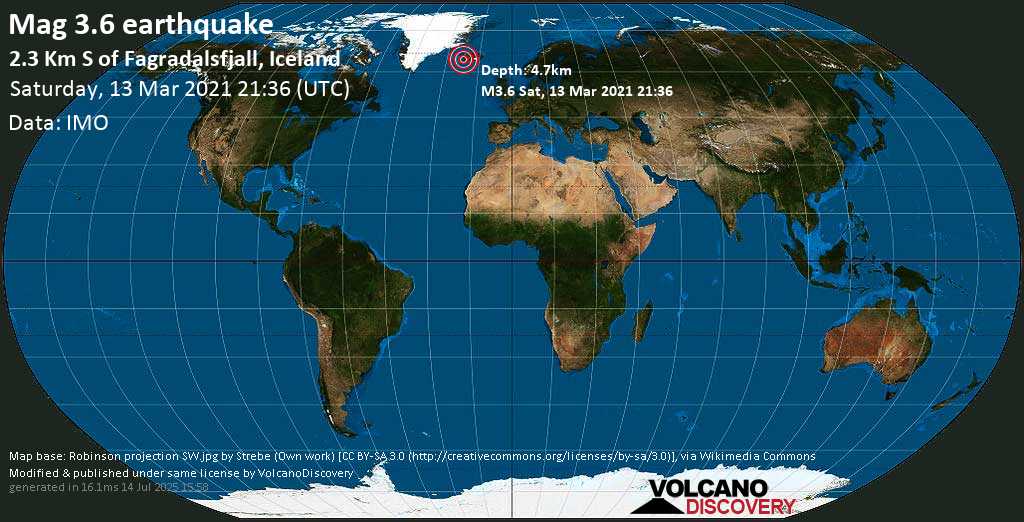 Light mag. 3.6 earthquake - 2.3 Km S of Fagradalsfjall, Iceland, on Saturday, 13 Mar 2021 9:36 pm (GMT +0)