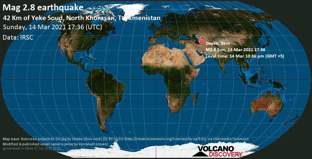 Light mag. 2.8 earthquake - 44 km west of Baharly, Bäherden, Ahal, Turkmenistan, on Sunday, 14 Mar 2021 10:36 pm (GMT +5)