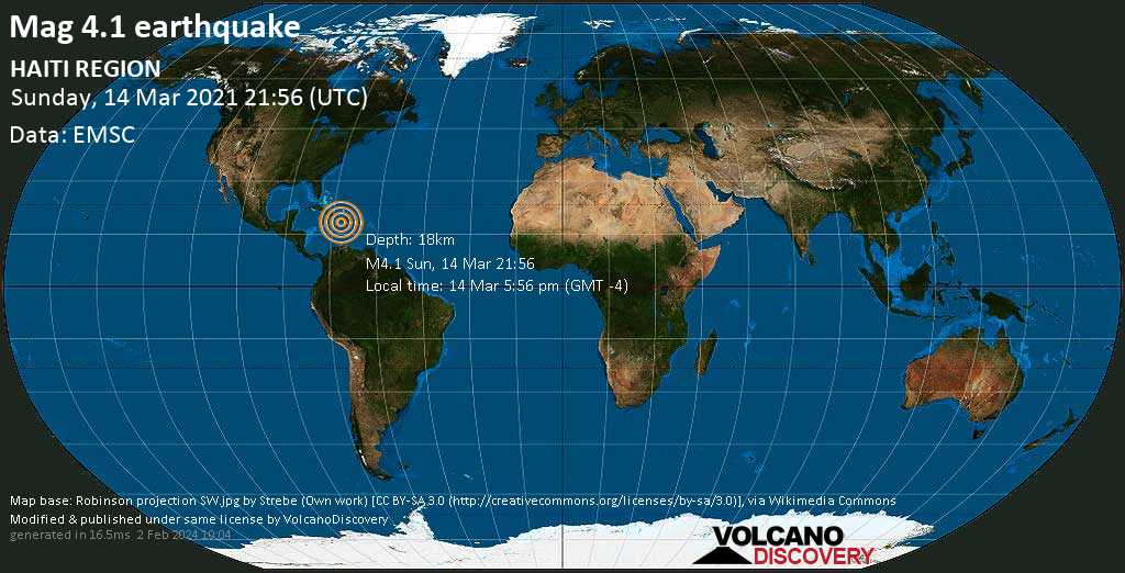 Mag Light.  4.1 Terremoto - Mar Caribe, 59 km al sureste de Puerto Príncipe, Haití, domingo 14 de marzo de 2021, 5:56 pm (GMT-4)