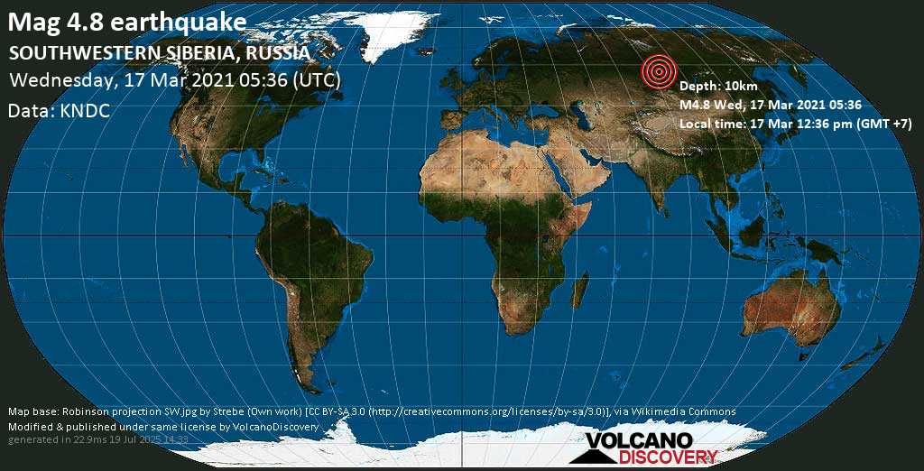 Moderate mag. 4.8 earthquake - 72 km north of Zheleznogorsk, Krasnoyarskiy Kray, Russia, on Wednesday, 17 Mar 2021 12:36 pm (GMT +7)