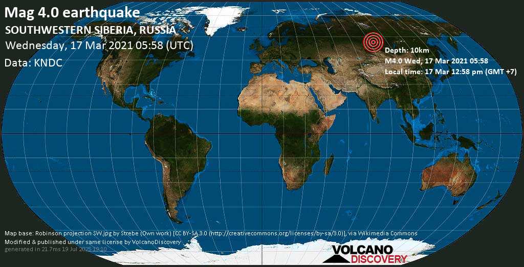 Moderate mag. 4.0 earthquake - 20 km west of Krasnoyarsk, Russia, on Wednesday, 17 Mar 2021 12:58 pm (GMT +7)