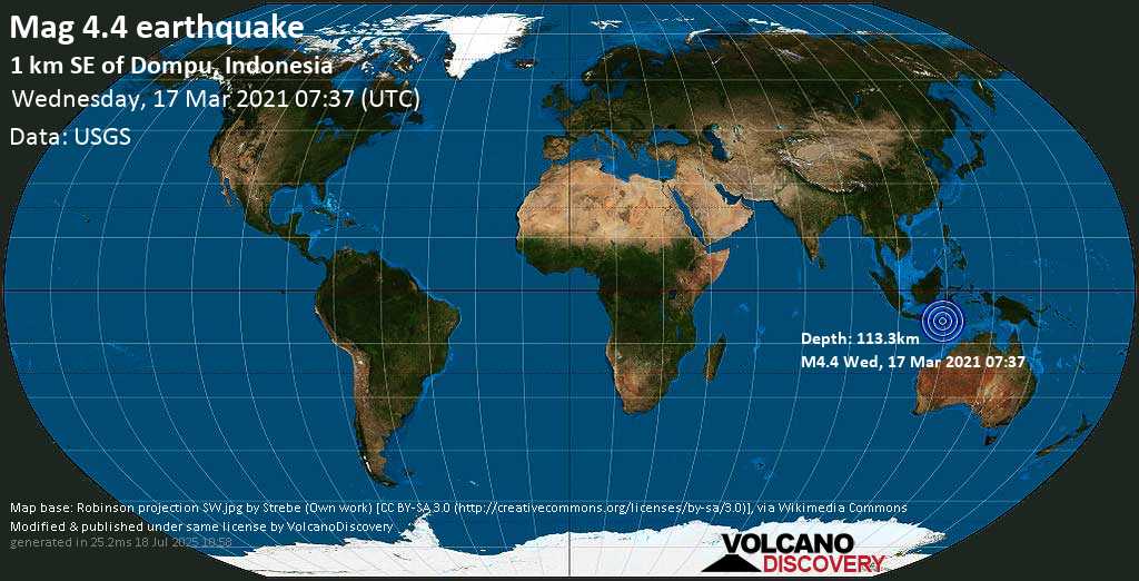 Light mag. 4.2 earthquake - Indian Ocean, 19 km southwest of Dompu, West Nusa Tenggara, Indonesia, on Wednesday, 17 Mar 2021 3:37 pm (GMT +8)