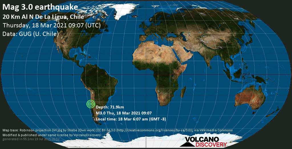 Sismo muy débil mag. 3.0 - 21 km NNW of La Ligua, Petorca Province, Valparaiso, Chile, Thursday, 18 Mar. 2021