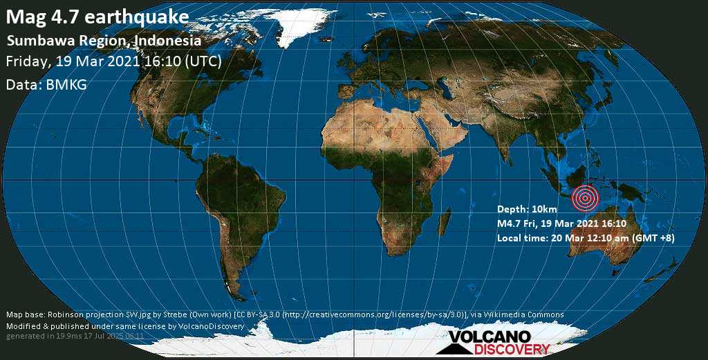 Terremoto moderado mag. 4.7 - 60 km WNW of Dompu, West Nusa Tenggara, Indonesia, Friday, 19 Mar. 2021