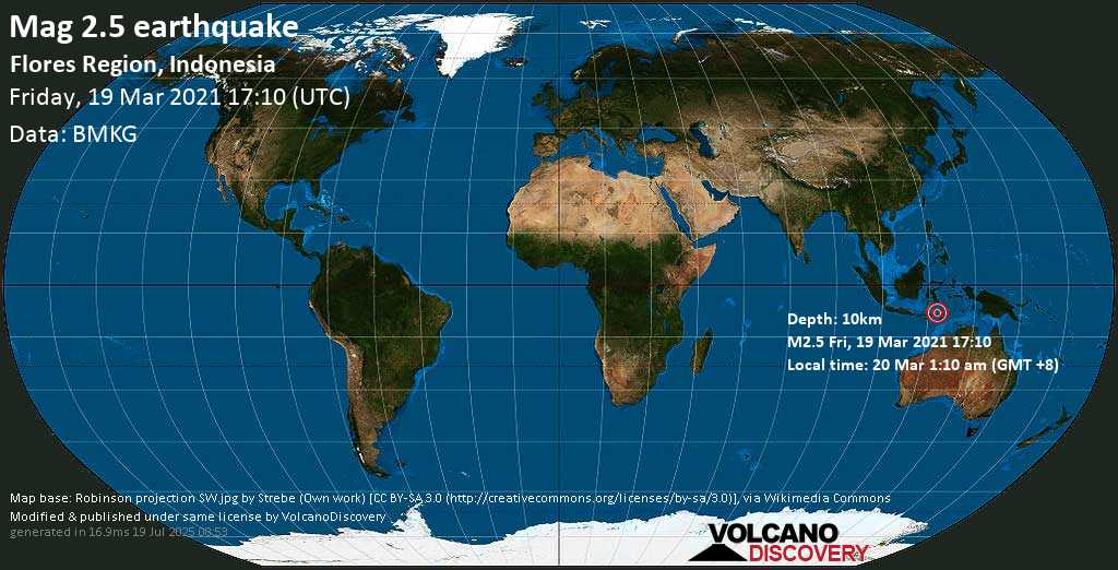 Sismo débil mag. 2.5 - Flores Sea, 67 km NNW of Maumere, East Nusa Tenggara, Indonesia, Friday, 19 Mar. 2021