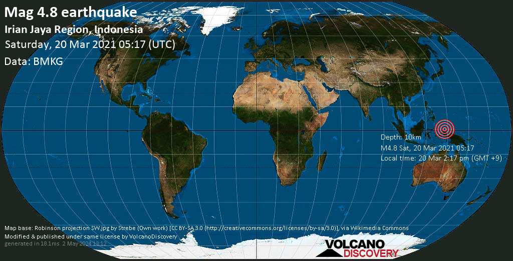 Mag. Promedio  Terremoto 4.8 - Océano Pacífico Norte, 216 km al noreste de Sorong, Papua Occidental, Indonesia, sábado 20 de marzo de 2021 2:17 pm (GMT +9)