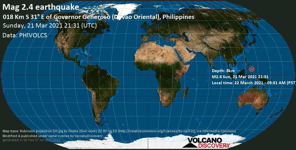 Weak mag. 2.4 earthquake - 5.7 km northeast of Nangan, Province of Davao Oriental, Philippines, on Monday, 22 Mar 2021 5:31 am (GMT +8)