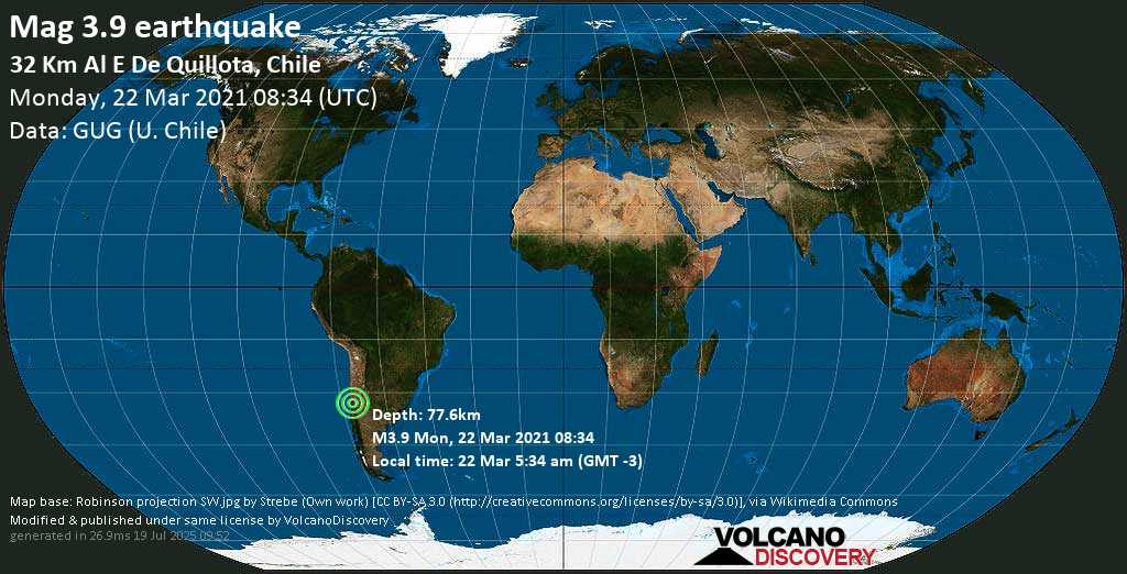 Schwaches Erdbeben Stärke 3.9 - 20 km westlich von San Felipe, Valparaiso, Chile, am Montag, 22. Mär 2021 um 05:34 Lokalzeit