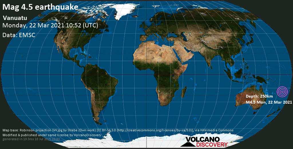 Leichtes Erdbeben der Stärke 4.5 - Korallen Meer, 63 km nördlich von Tanna , Tafea Province, Vanuatu, am Montag, 22. Mär 2021 um 21:52 Lokalzeit