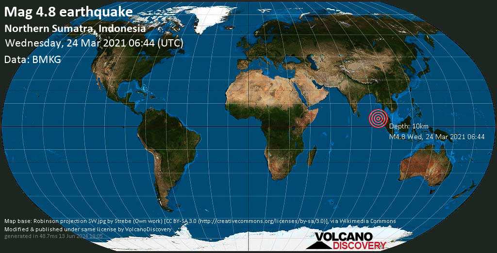 Informasi Gempa: Mac Sedang.  4.8 Gempa bumi – Samudra Hindia, 122 km sebelah barat Banda Aceh, Indonesia Rabu, 24 Maret 2021 12:44 (GMT +6)