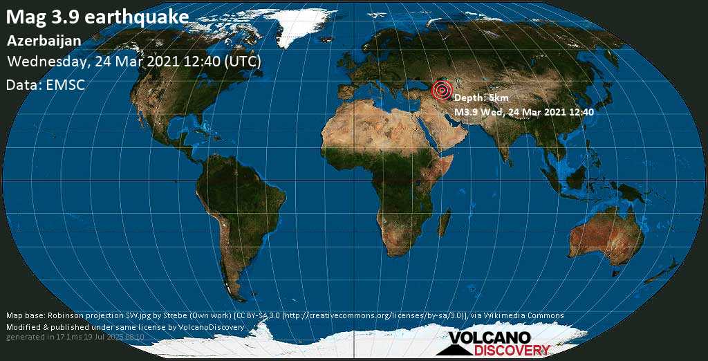 Moderate mag. 3.9 earthquake - 11 km south of Şamaxı, Shamakhi Rayon, Azerbaijan, on Wednesday, 24 Mar 2021 4:40 pm (GMT +4)