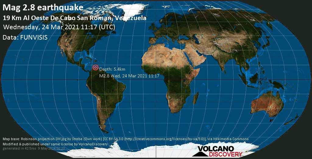 Séisme faible mag. 2.8 - Caribbean Sea, 58 km au nord de Punto Fijo, Venezuela, mercredi, le 24 mars 2021 11:17