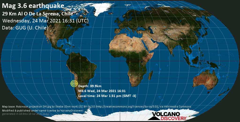 Sismo debile mag. 3.6 - South Pacific Ocean, 30 km a ovest da La Serena, Provincia de Elqui, Coquimbo Region, Cile, mercoledí, 24 marzo 2021