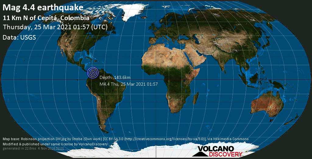 Earthquake information: Light Mag.  Earthquake 4.4 – Bedquista, 32 km southeast of Bucaramanga, Santander Province, Colombia, Wednesday, March 24, 2021 8:57 pm (GMT -5)