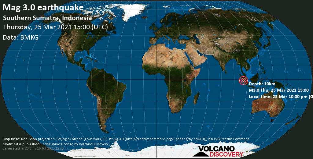 Terremoto leve mag. 3.0 - Indian Ocean, 25 km WSW of Padang, Sumatera Barat, Indonesia, Thursday, 25 Mar. 2021