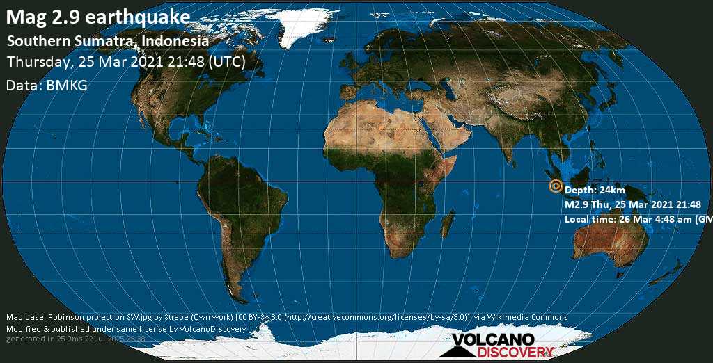 Weak mag. 2.9 earthquake - Indian Ocean, 70 km west of Sungai Penuh, Jambi, Indonesia, on Friday, 26 Mar 2021 4:48 am (GMT +7)