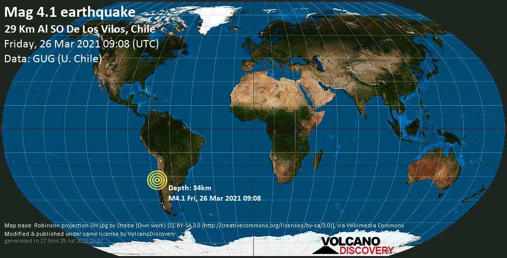 Light mag. 4.1 earthquake - South Pacific Ocean, 55 km northwest of La Ligua, Petorca Province, Valparaiso, Chile, on Friday, 26 Mar 2021 6:08 am (GMT -3)