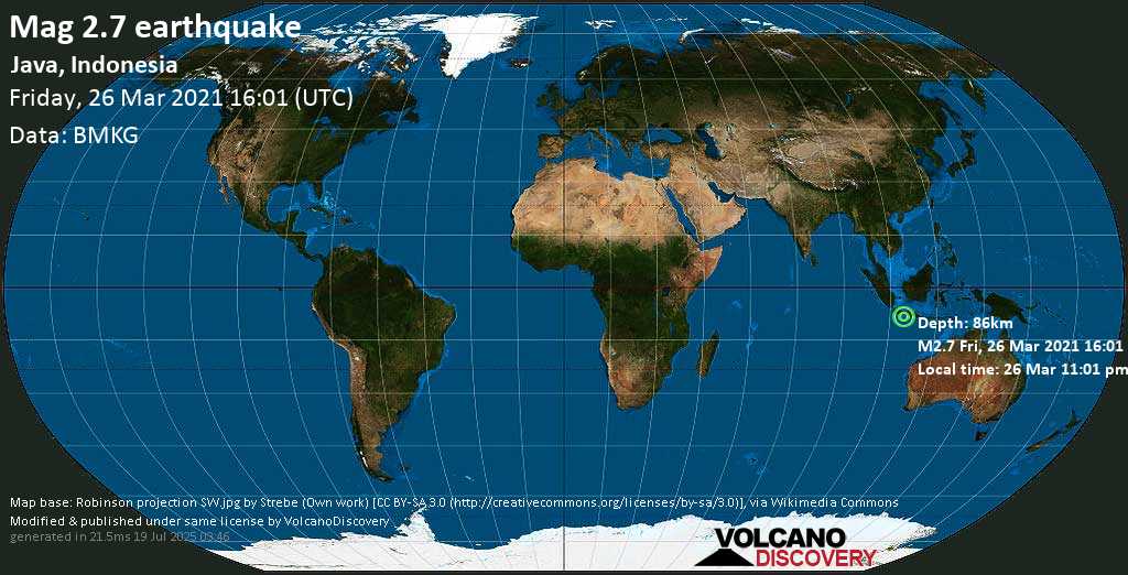 Minor mag. 2.7 earthquake - Indian Ocean, 87 km southwest of Wangon, Central Java, Indonesia, on Friday, 26 Mar 2021 11:01 pm (GMT +7)