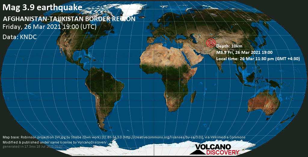 Moderate mag. 3.9 earthquake - Wurduj, 62 km southeast of Fayzabad, Faīẕābād, Badakhshan, Afghanistan, on Friday, 26 Mar 2021 11:30 pm (GMT +4:30)