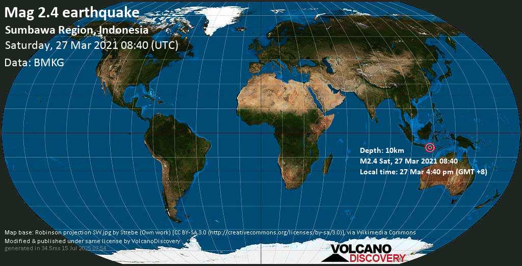 Weak mag. 2.4 earthquake - 96 km southeast of Mataram, Indonesia, on Saturday, 27 Mar 2021 4:40 pm (GMT +8)