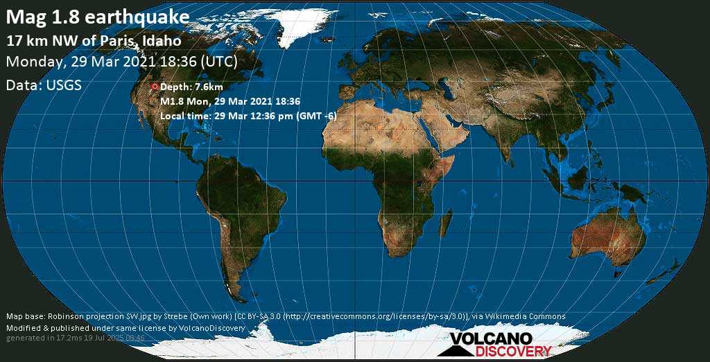 Minor mag. 1.8 earthquake - 17 Km NW of Paris, Idaho, USA, on Monday, 29 Mar 2021 12:36 pm (GMT -6)