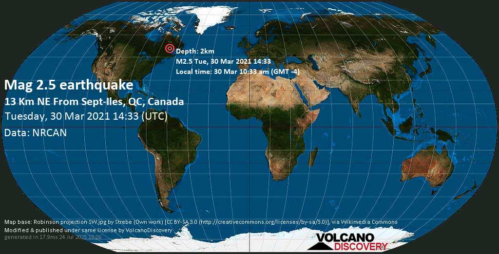 Weak mag. 2.5 earthquake - 13 km northeast of Sept-Îles, Côte-Nord, Quebec, Canada, on Tuesday, 30 Mar 2021 10:33 am (GMT -4)