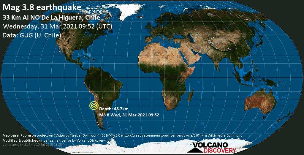 Sismo debile mag. 3.8 - 75 km a nord da La Serena, Provincia de Elqui, Coquimbo Region, Cile, mercoledì, 31 marzo 2021