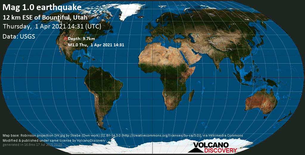 Minor mag. 1.1 earthquake - 12 Km ESE of Bountiful, Utah, USA, on Thursday, 1 April 2021 at 14:31 (GMT)