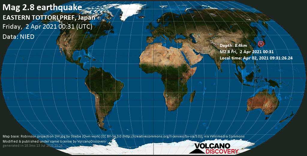 Weak mag. 2.8 earthquake - 4 km southeast of Kurayoshi, Tottori, Japan, on Friday, 2 Apr 2021 9:31 am (GMT +9)