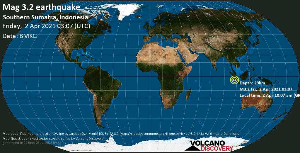 Weak mag. 3.2 earthquake - Indian Ocean, 75 km west of Benkulu, Bengkulu, Indonesia, on Friday, 2 Apr 2021 10:07 am (GMT +7)