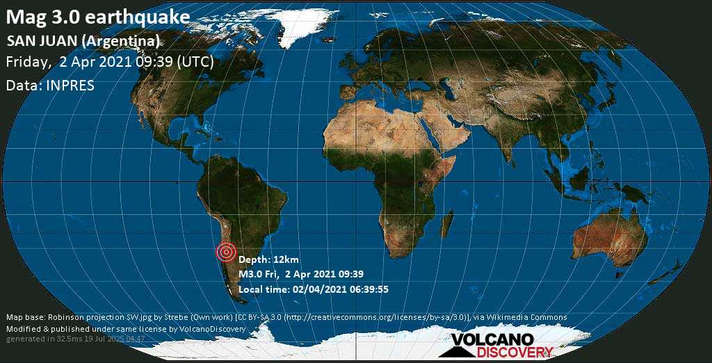Sismo debile mag. 3.0 - Departamento de Zonda, 32 km a sud ovest da San Juan, Departamento de Capital, San Juan, Argentina, venerdí, 02 aprile 2021