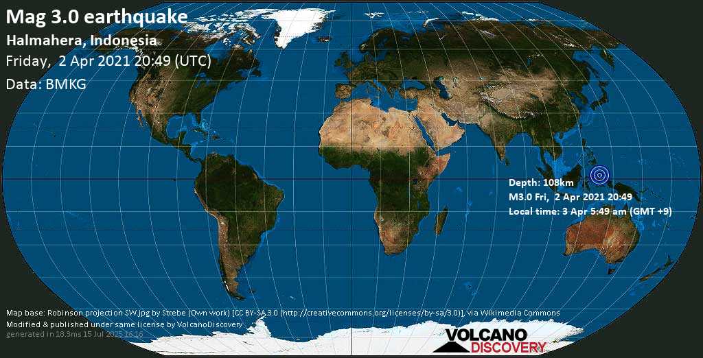 Sehr schwaches Beben Stärke 3.0 - Maluku Sea, 98 km nördlich von Ternate, North Maluku, Indonesien, am Samstag, 3. Apr 2021 um 05:49 Lokalzeit