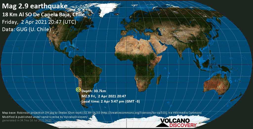 Weak mag. 2.9 earthquake - South Pacific Ocean, 44 km west of Illapel, Provincia de Choapa, Coquimbo Region, Chile, on Friday, 2 Apr 2021 5:47 pm (GMT -3)