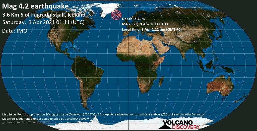 Moderates Erdbeben der Stärke 4.2 - 3.6 Km S of Fagradalsfjall, Iceland, am Samstag, 3. Apr 2021 um 01:11 Lokalzeit