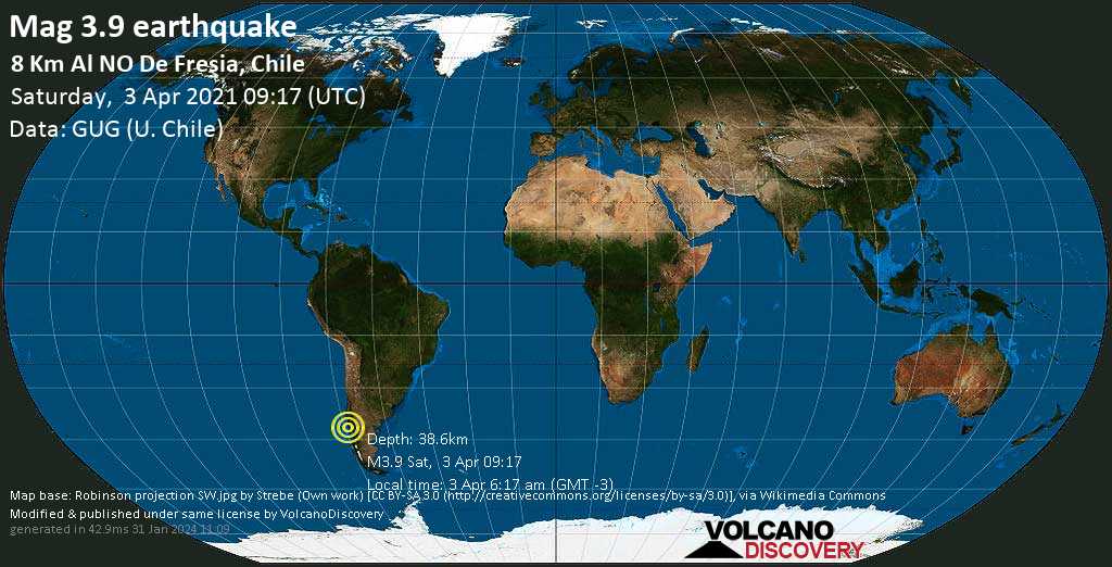 Séisme faible mag. 3.9 - 49 km au nord-ouest de Puerto Varas, Llanquihue, Los Lagos, Chili, samedi,  3 avril 2021 06:17 (GMT -3)