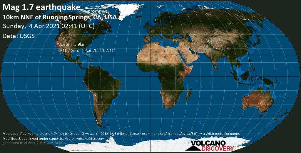 Minor mag. 1.7 earthquake - 10km NNE of Running Springs, CA, USA, on Saturday, 3 Apr 2021 7:41 pm (GMT -7)