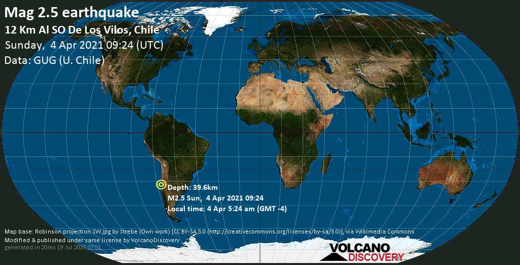 Minor mag. 2.5 earthquake - South Pacific Ocean, 57 km southwest of Illapel, Provincia de Choapa, Coquimbo Region, Chile, on Sunday, 4 Apr 2021 5:24 am (GMT -4)