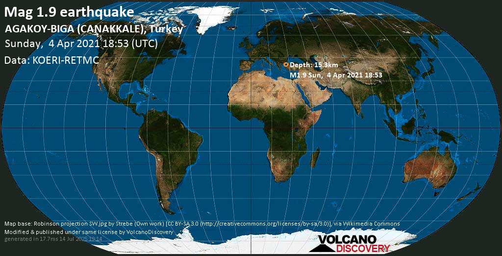 Minor mag. 1.9 earthquake - 8.2 km west of Biga, Canakkale, Turkey, on Sunday, 4 April 2021 at 18:53 (GMT)