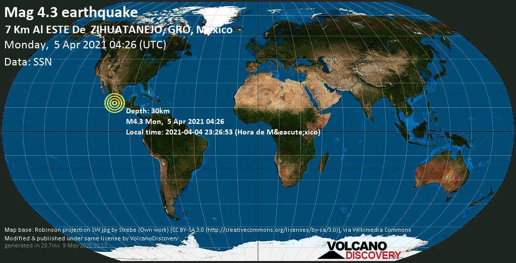 Earthquake information: Light Mag.  Earthquake 4.3-7.7 km east of Ixtapa Zihuatanejo, Zihuatanejo de Azueta, Guerrero, Mexico, Sunday, April 4, 2021, 11:26 pm (GMT -5)