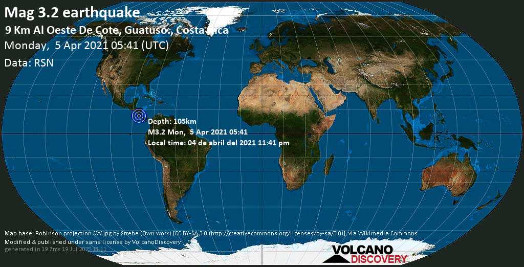Sismo muy débil mag. 3.2 - Guatuso, Provincia de Alajuela, 26 km NE of Canas, Costa Rica, Monday, 05 Apr. 2021