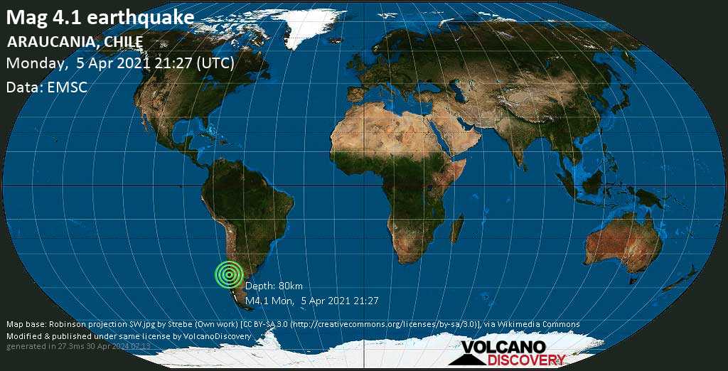 Mag Light.  Terremoto 4.1 - Caoutin, 46 km al este de Temuco, Provincia de Caoutin, Araucanía, Chile, lunes 5 de abril de 2021 5:27 pm (GMT -4)