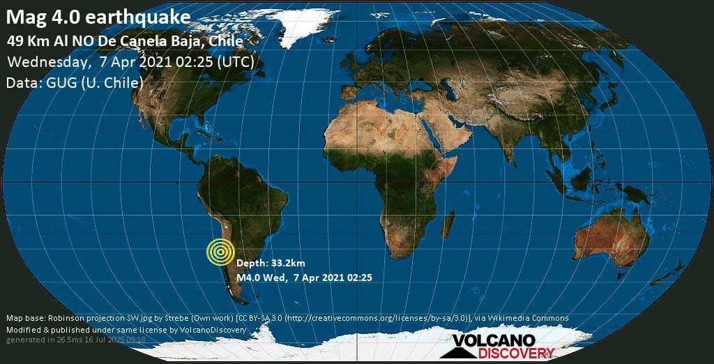 Light mag. 4.0 earthquake - South Pacific Ocean, 77 km southwest of Ovalle, Provincia de Limari, Coquimbo Region, Chile, on Tuesday, 6 Apr 2021 10:25 pm (GMT -4)