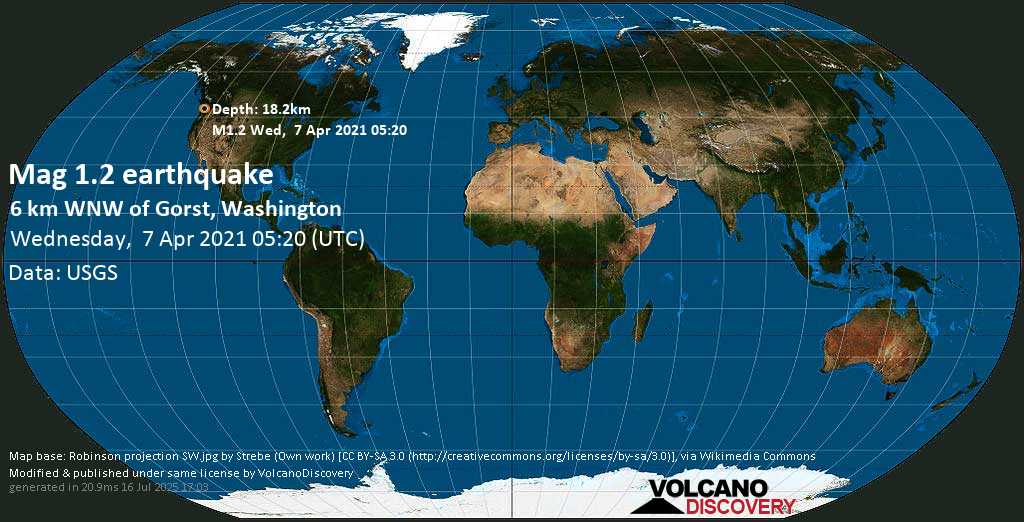 Minor mag. 1.2 earthquake - 6 Km WNW of Gorst, Washington, USA, on Wednesday, 7 April 2021 at 05:20 (GMT)