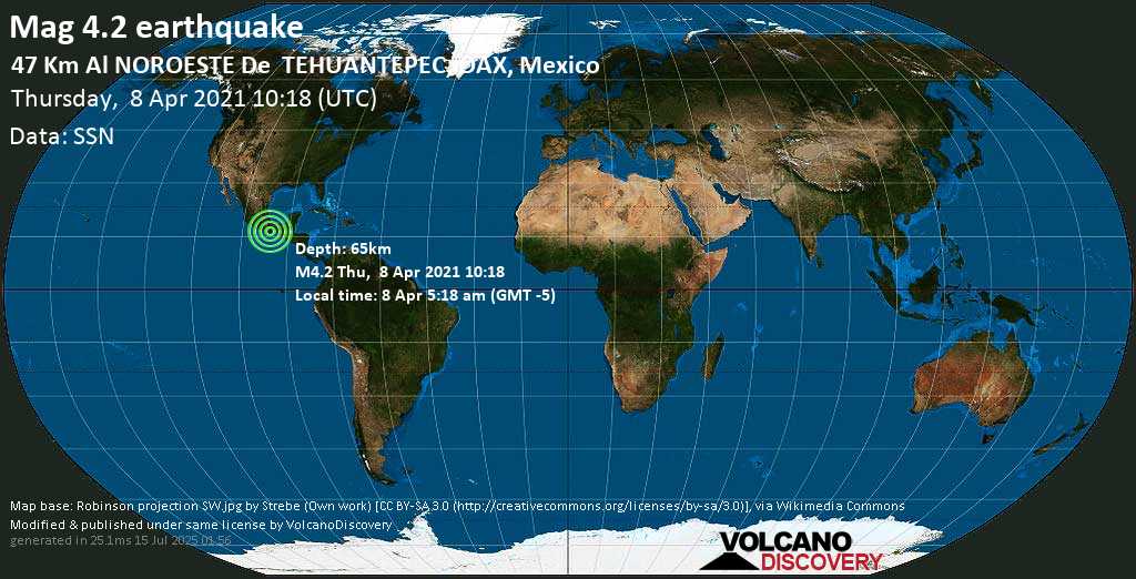 Light mag. 4.2 earthquake - Magdalena Tequisistlan, 47 km west of Santo Domingo Tehuantepec, Oaxaca, Mexico, on Thursday, 8 Apr 2021 5:18 am (GMT -5)