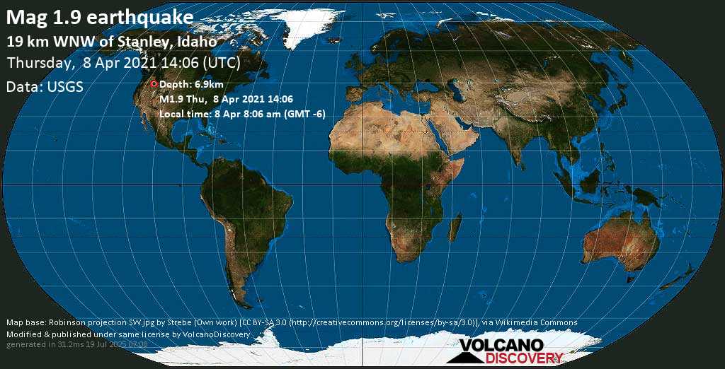 Sismo muy débil mag. 1.9 - 19 Km WNW of Stanley, Idaho, USA, Thursday, 08 Apr. 2021