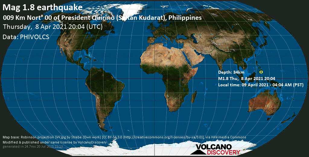 Sismo minore mag. 1.8 - 11 km a nord est da Tacurong, Sultan Kudarat, Soccsksargen, Filippine, giovedí, 08 aprile 2021